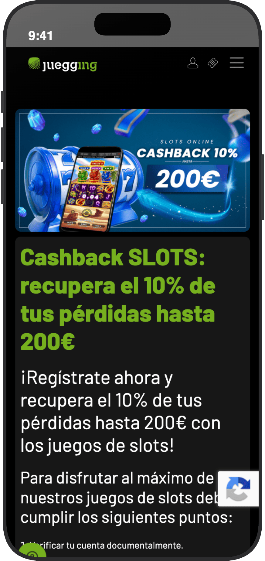 Cashback de Juegging en slots online con devolución del 10 por ciento hasta 200 euros