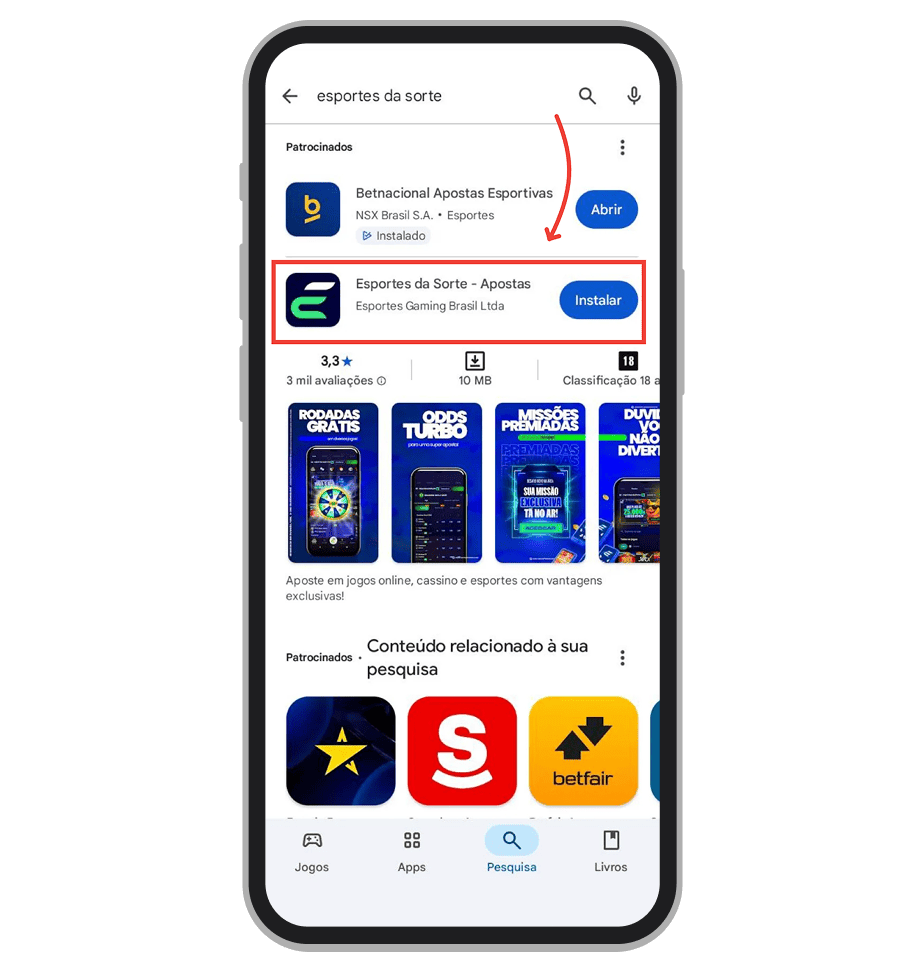 Pesquise por “Esportes da Sorte” na Google Play Store
