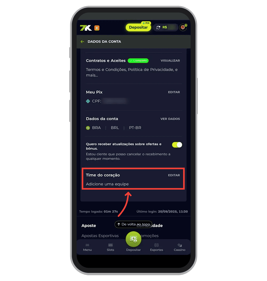 Escolha o time de coração no menu principal