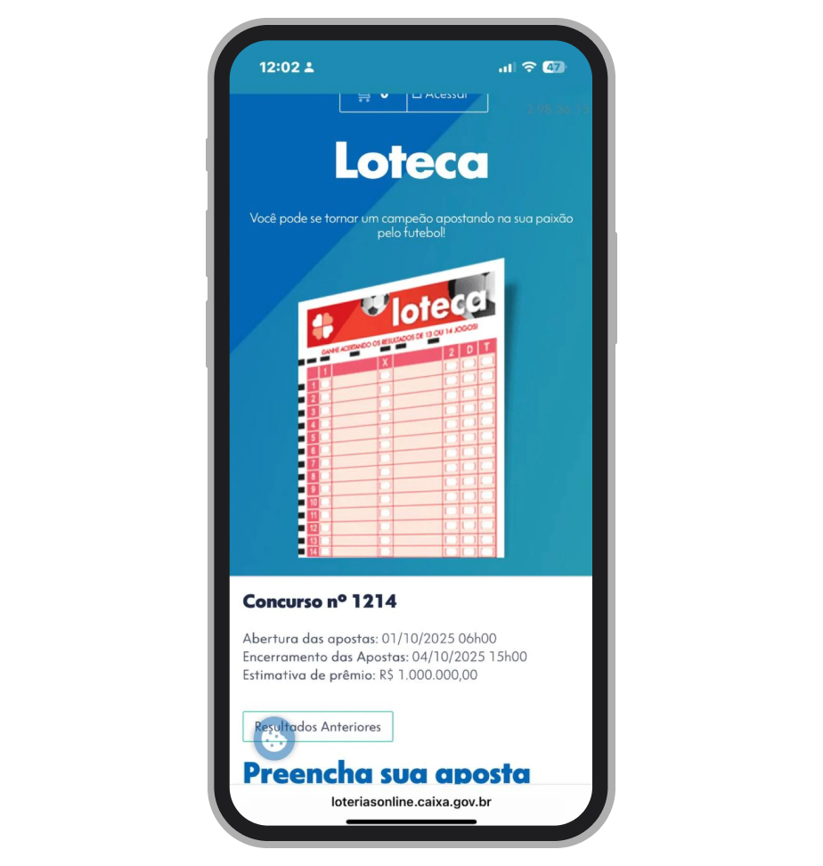 Loteca no site mobile de Loterias CAIXA