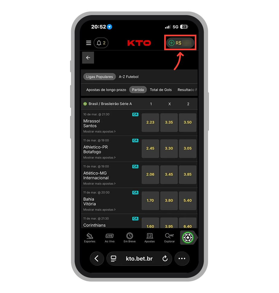 Toque no botão "+" em círculo verde no canto superior direito da tela inicial da KTO