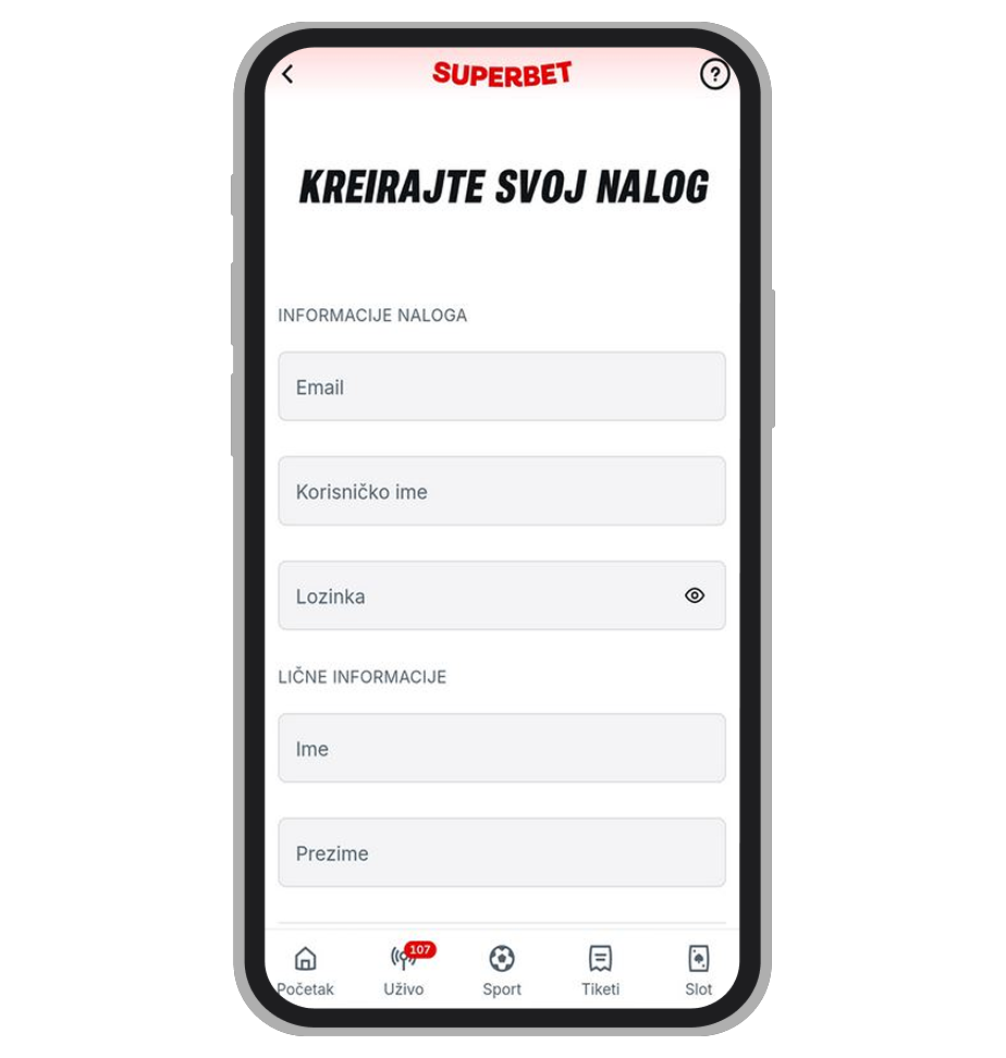 Stranica za registraciju na Superbet