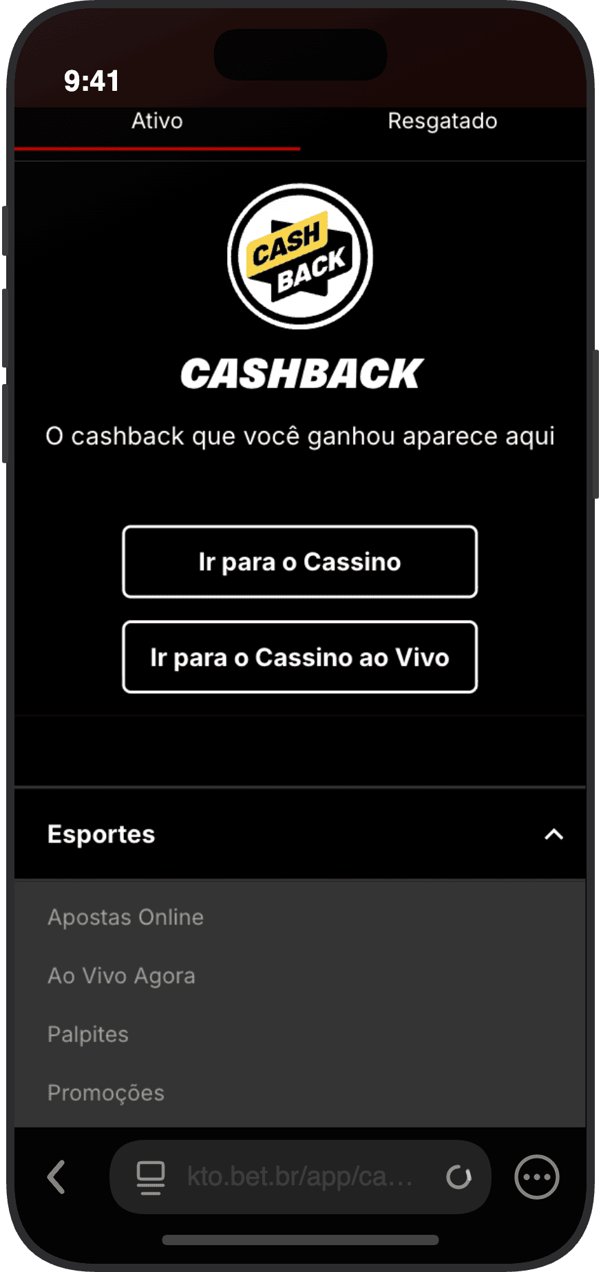 Tela de cashback do KTO com abas Ativo e Resgatado e botões para cassino e cassino ao vivo