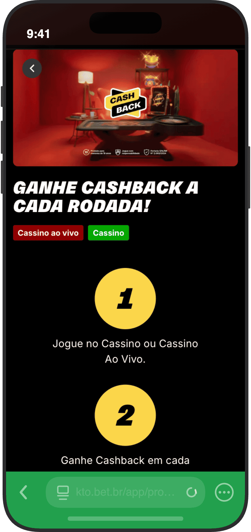 Promoção de cashback a cada rodada no cassino e cassino ao vivo do KTO com passo a passo de ativação