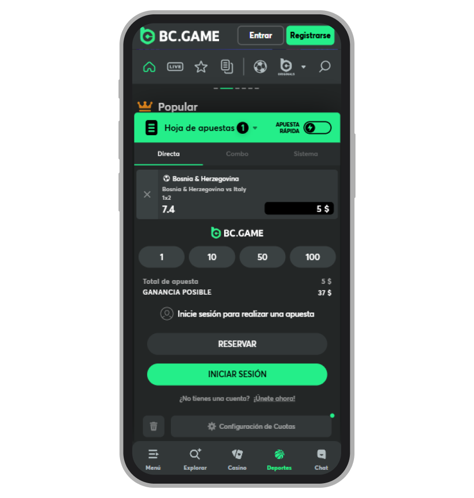 Hoja de apuestas en BC.Game