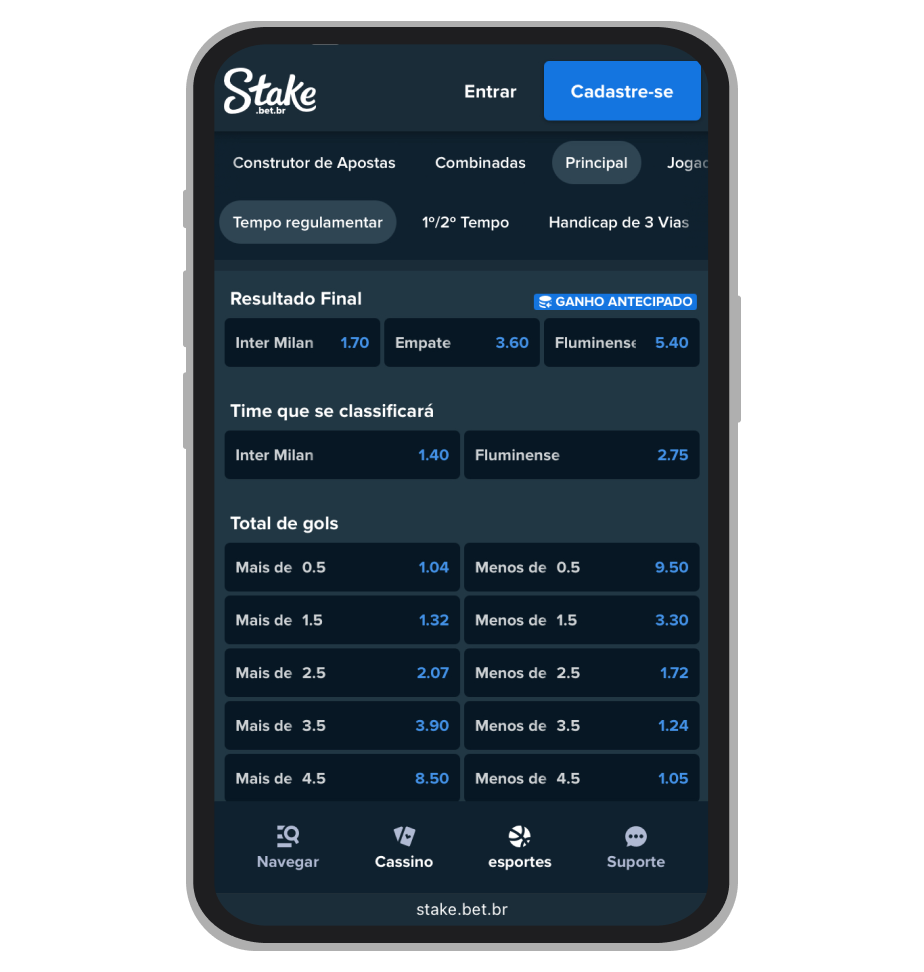 Opções de apostas na categoria "Principal" da Stake