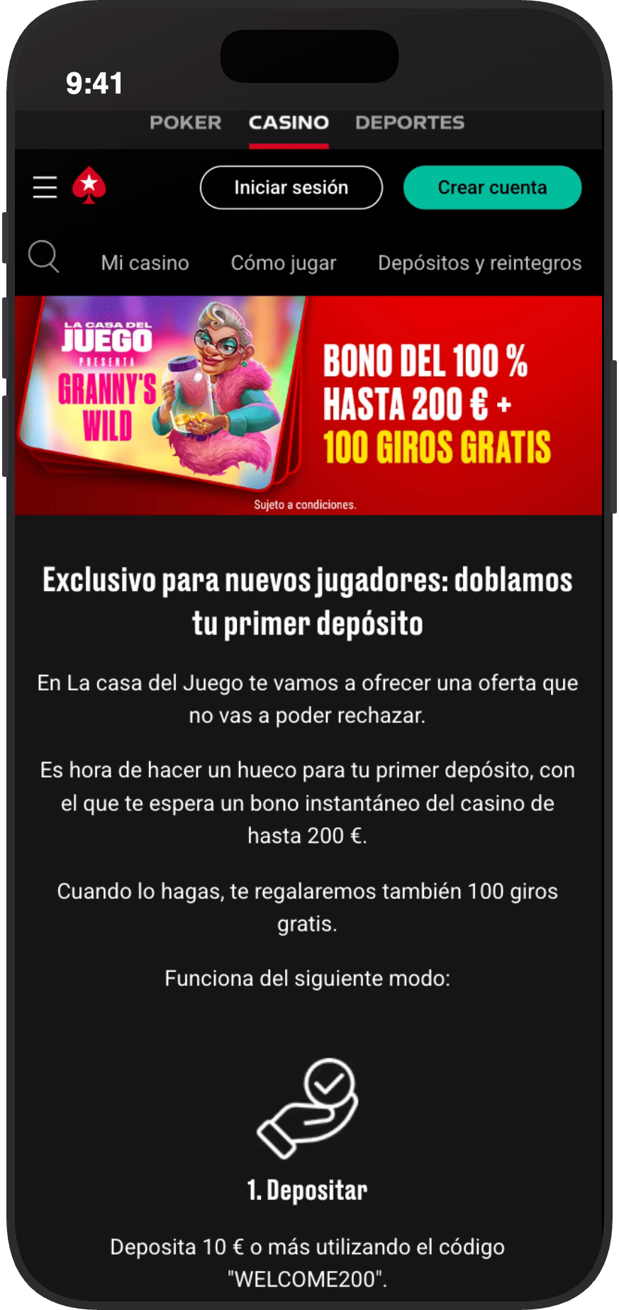 Bono de bienvenida del casino Pokerstars: bono del 100 % hasta 200€ más 100 tiradas gratis con el código WELCOME200 