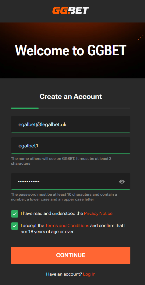 GGBET sign up page 1