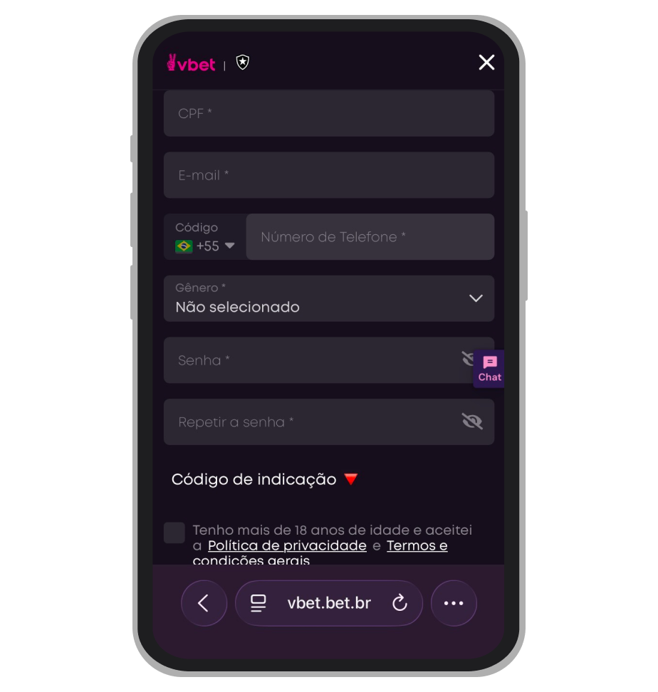 Tela de registro no cassino VBET