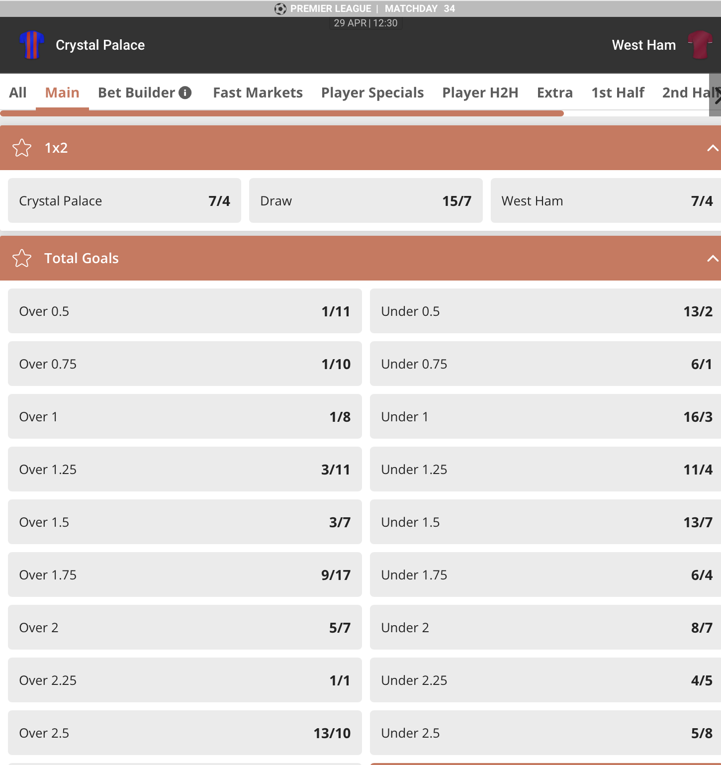 Choose the game and betting markets