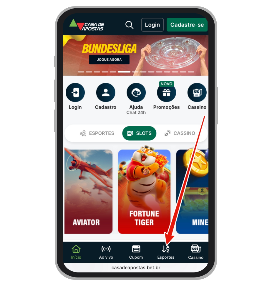 Menu com lista de modalidades esportivas