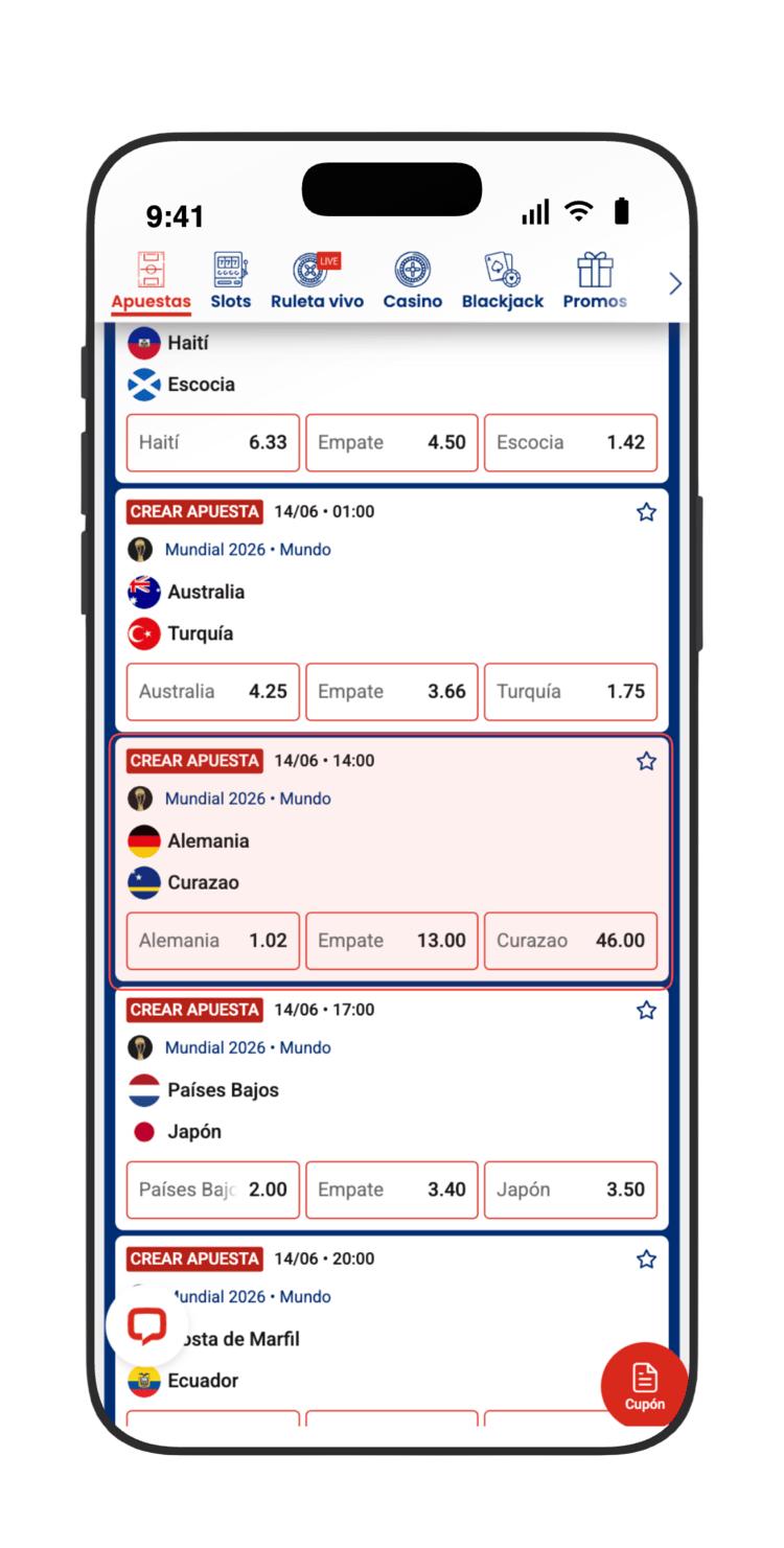 Localiza Alemania vs Curazao (14/06) en la lista del Mundial 2026 en JOKERBET