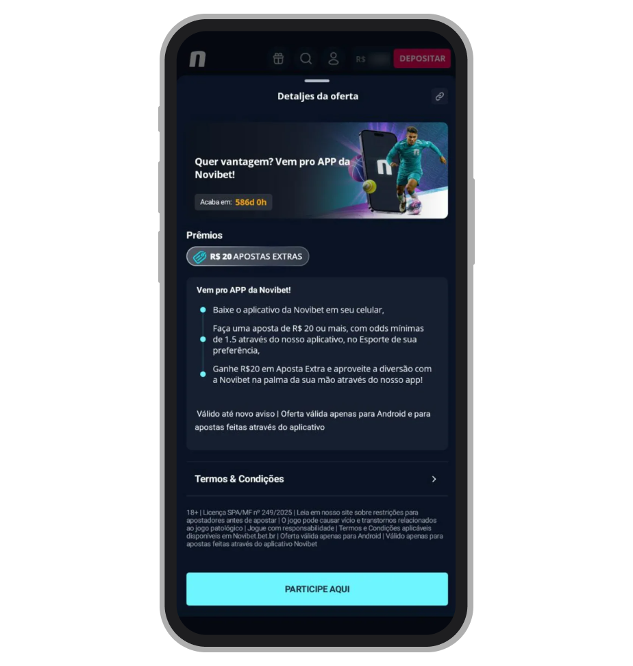Bônus da Novibet para aplicativo 