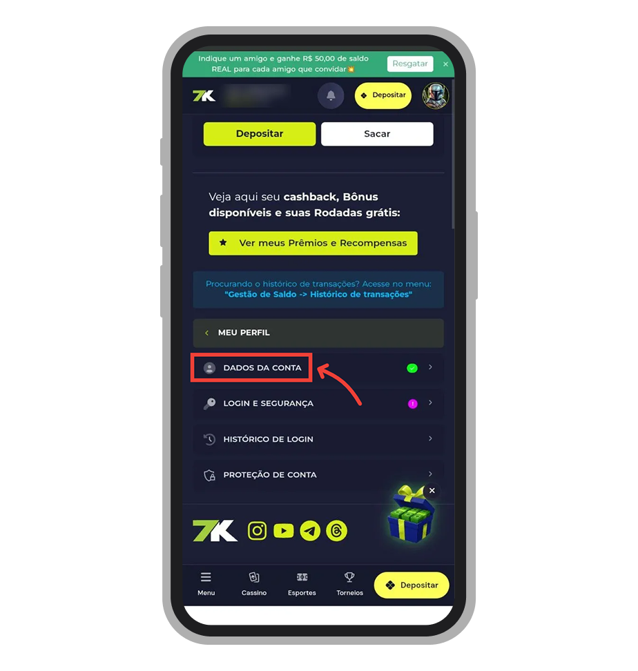 Selecione “Dados de Conta” 