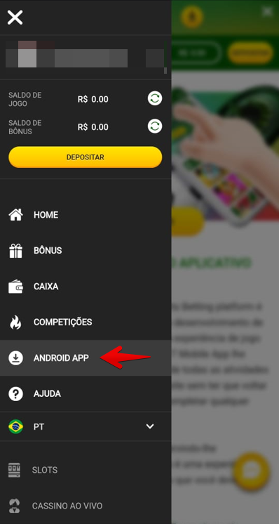 Menu principal com a opção de baixar o app , Instalar aplicativo para Android