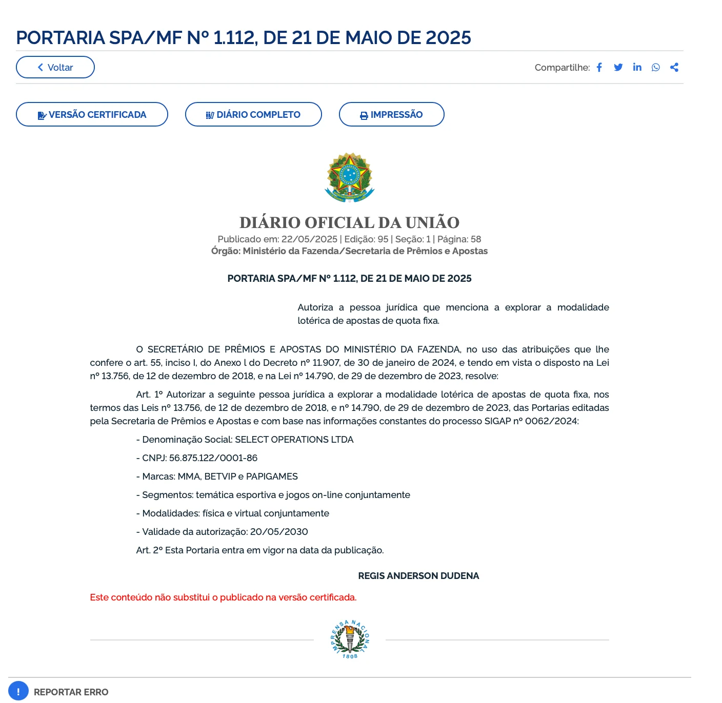 A portaria que liberou a operação da plataforma no Brasil 