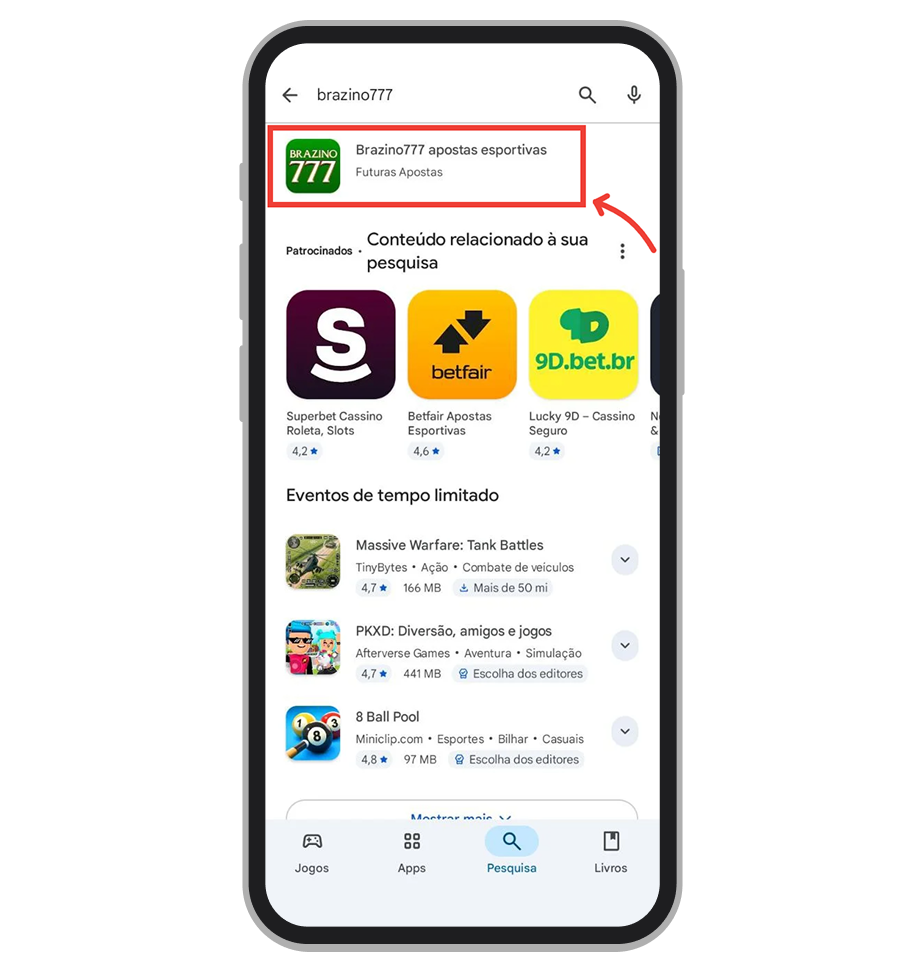 Pesquise por Brazino777 na barra de busca da Google Play 
