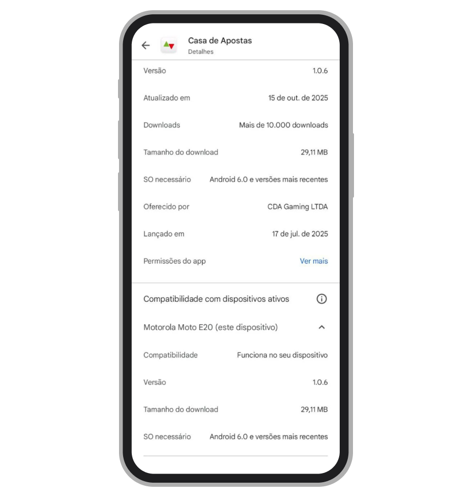 Requisitos de sistema do app Casa de Apostas 