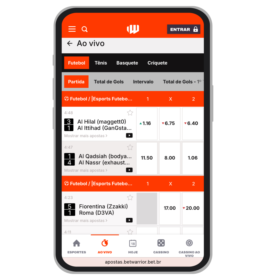 Seção de apostas ao vivo