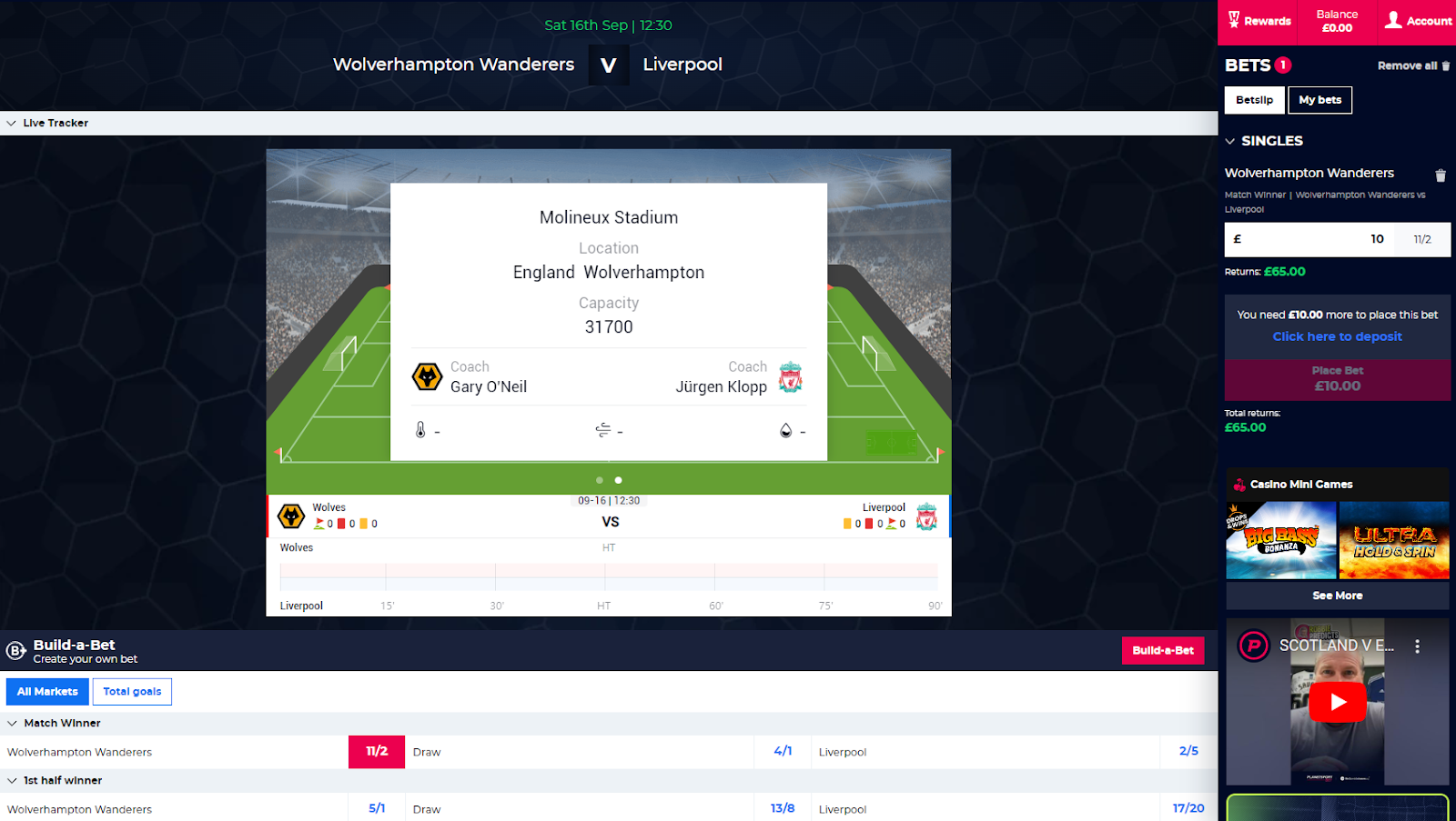 Wolverhampton Wanderers VS Liverpool match on Planet Sport Bet