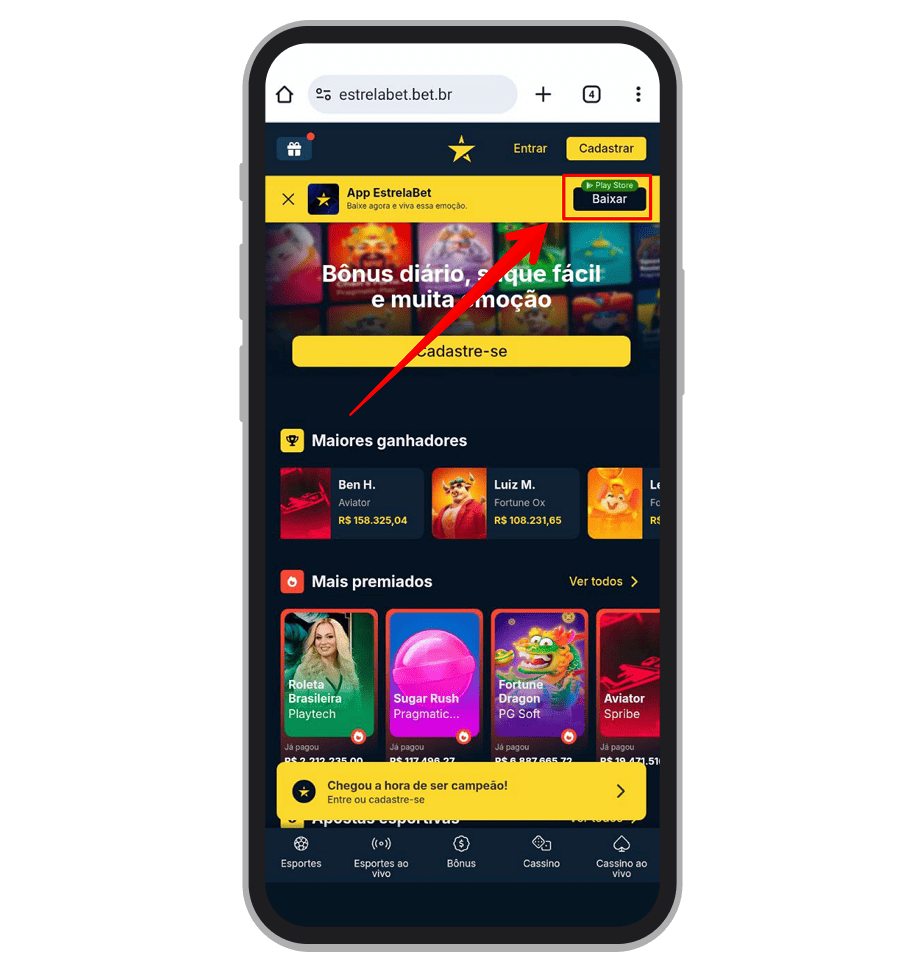 Clique no banner do app no site mobile 