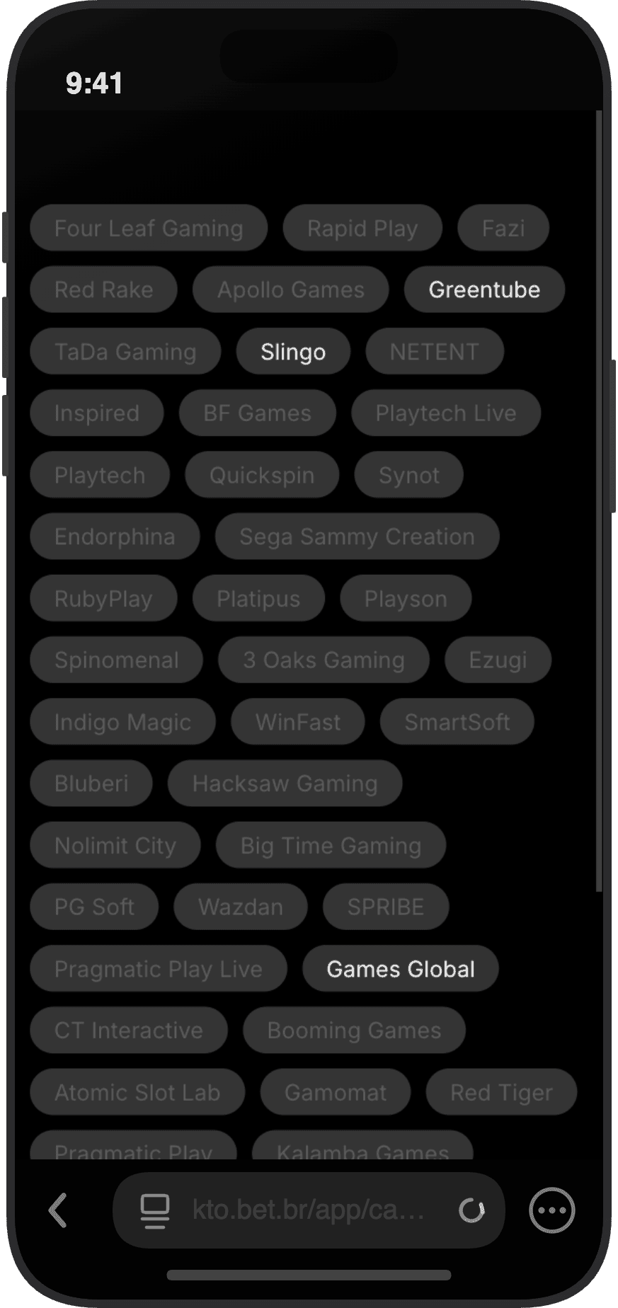 Lista de mais de 40 provedores de jogos do KTO incluindo PG Soft, Pragmatic Play, Evolution, NetEnt e Hacksaw Gaming