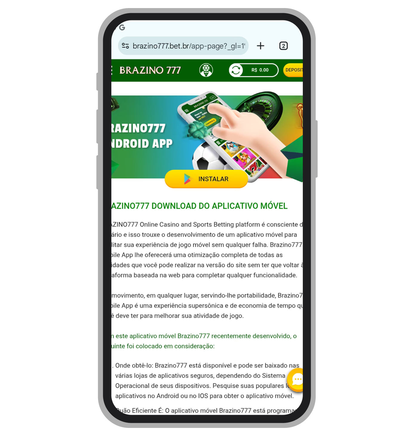 A página de instalação do aplicativo Brazino777