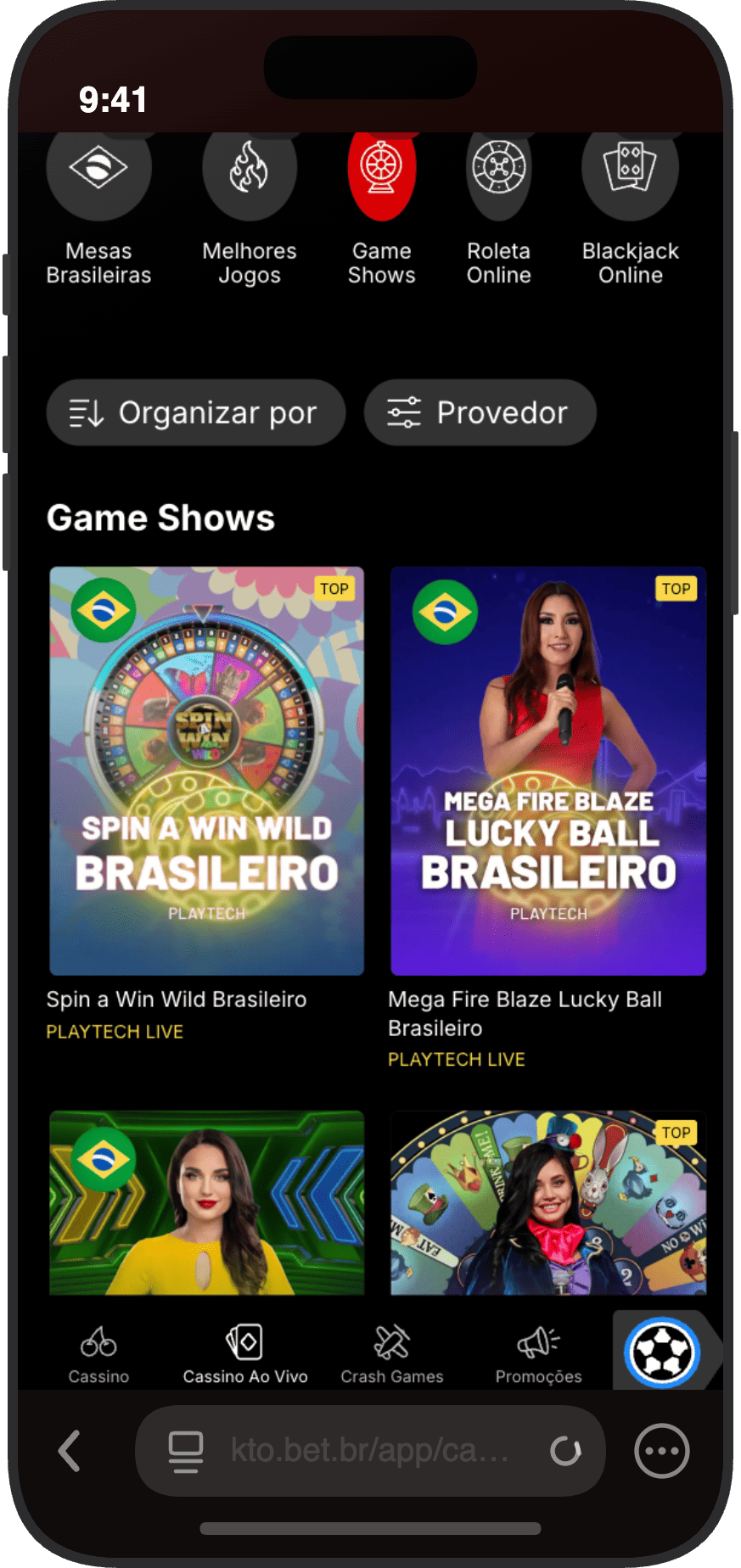Game shows brasileiros no cassino ao vivo do KTO com Spin a Win Wild e Mega Fire Blaze da Playtech Live