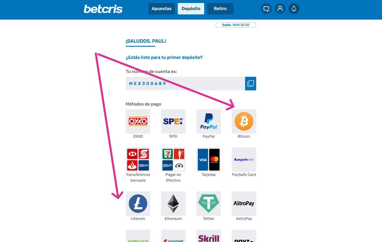 Métodos de depósito en Betcris