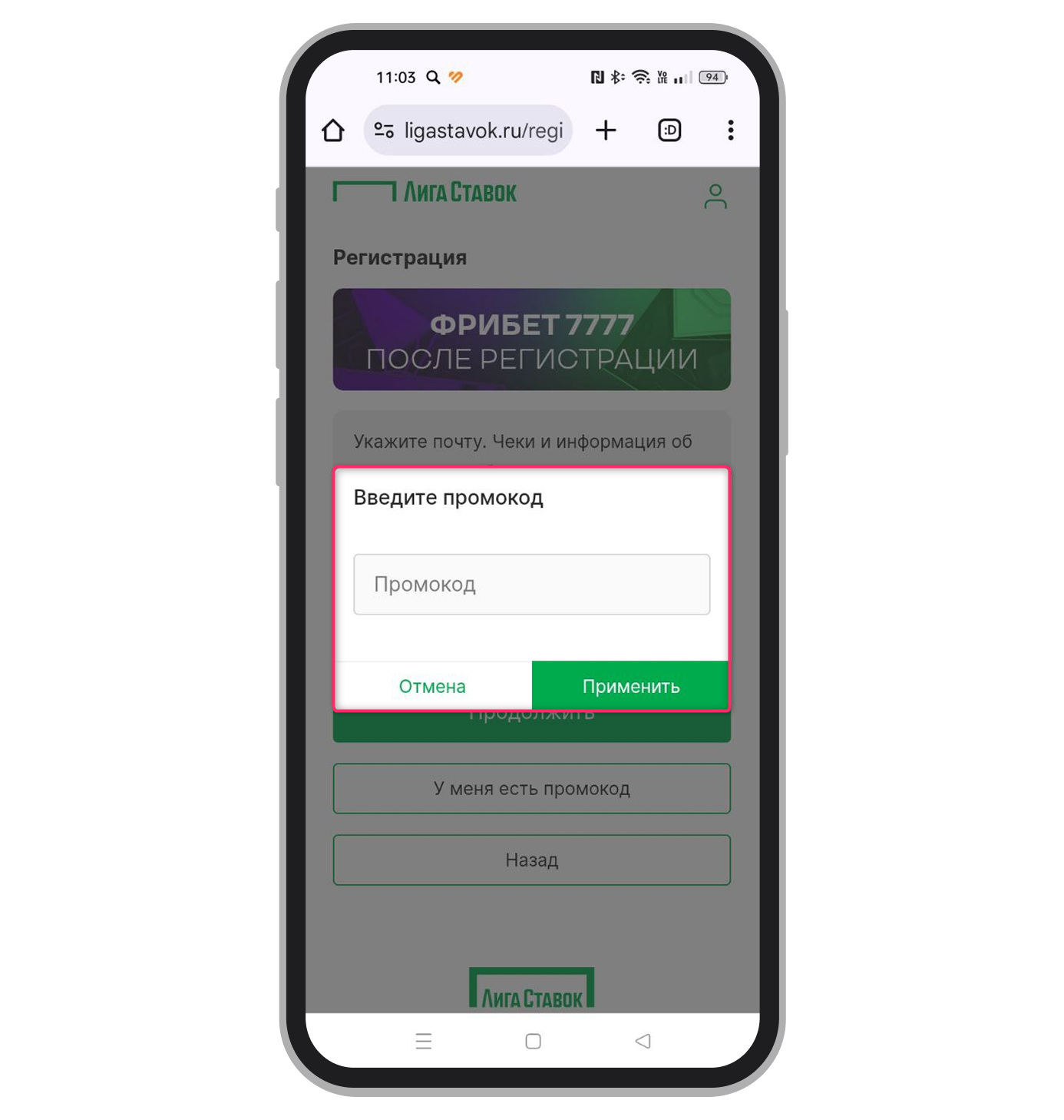 Ввод промокода
