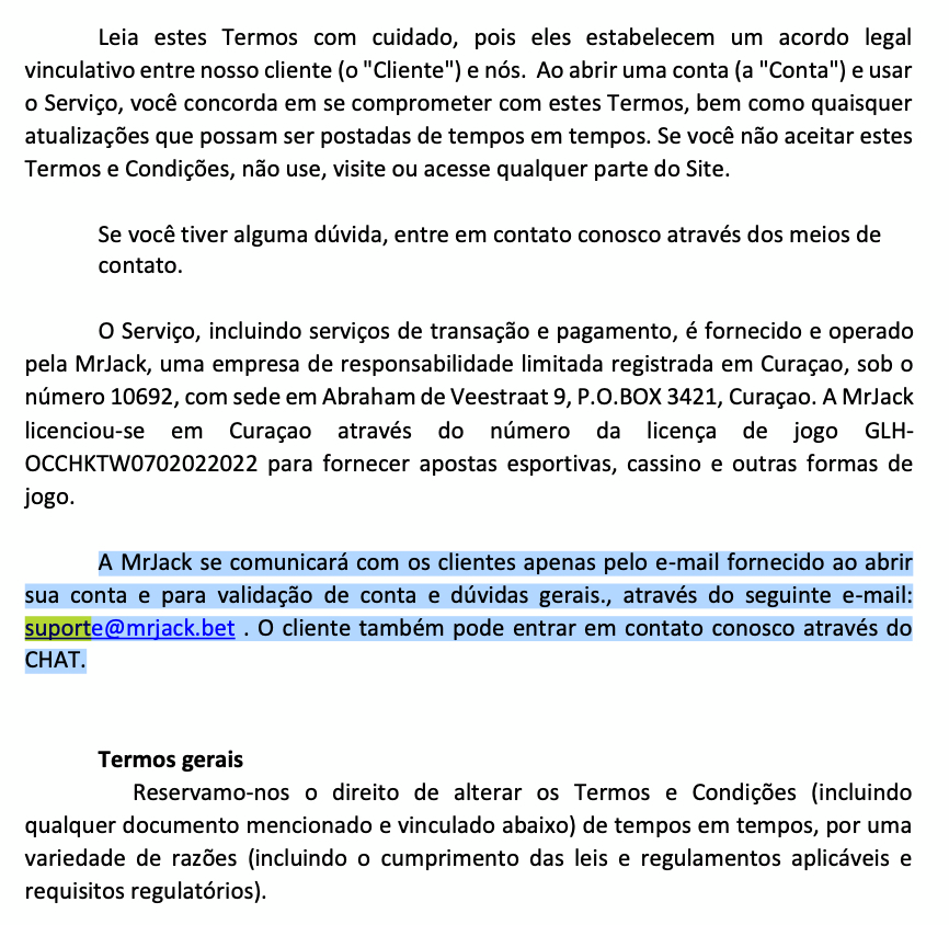 Suporte MrJack Bet  via e-mail