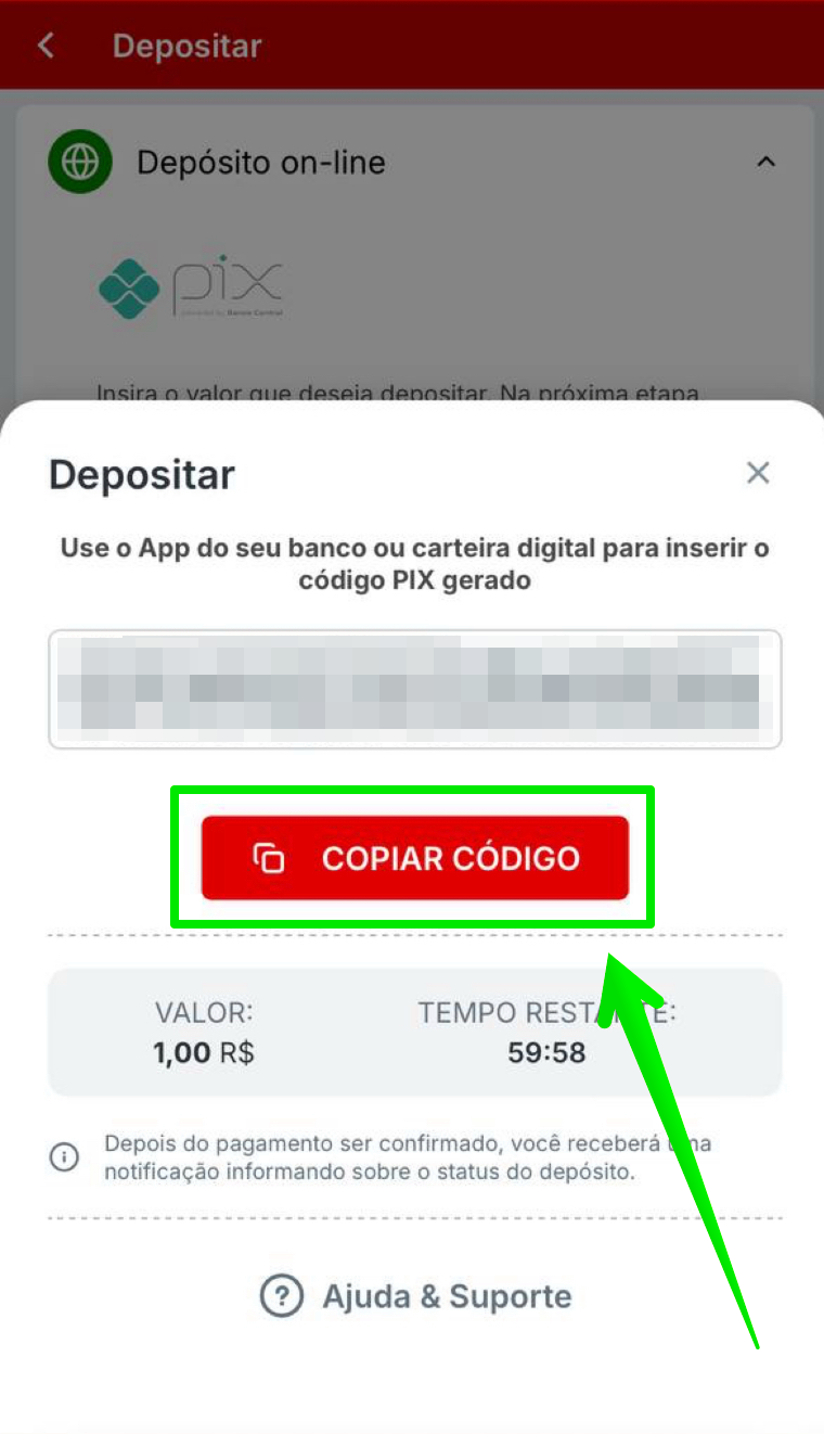 Copie o código e pode proceder com transação no seu app bancário