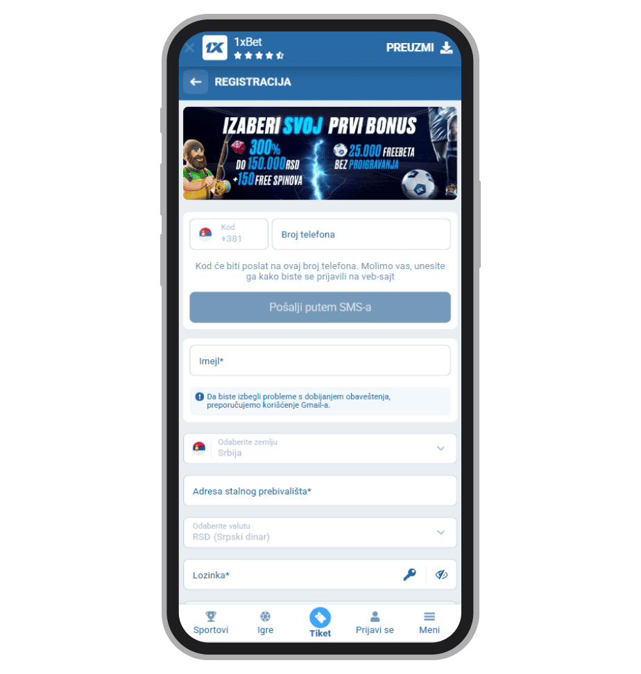 1xBet obrazac za registraciju na Kazino, 1 deo