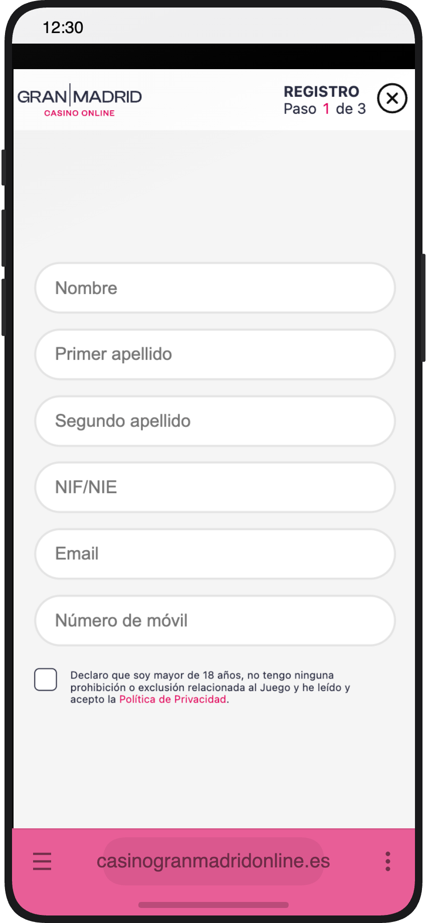 Formulario de registro en Casino Gran Madrid Online con campos de nombre, apellidos, NIF y email