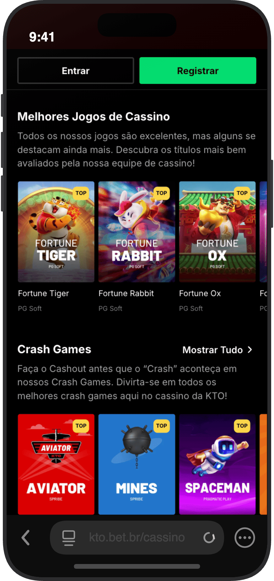 Lobby do cassino KTO com melhores jogos Fortune Tiger, Fortune Rabbit, Fortune Ox e crash games Aviator, Mines e Spaceman