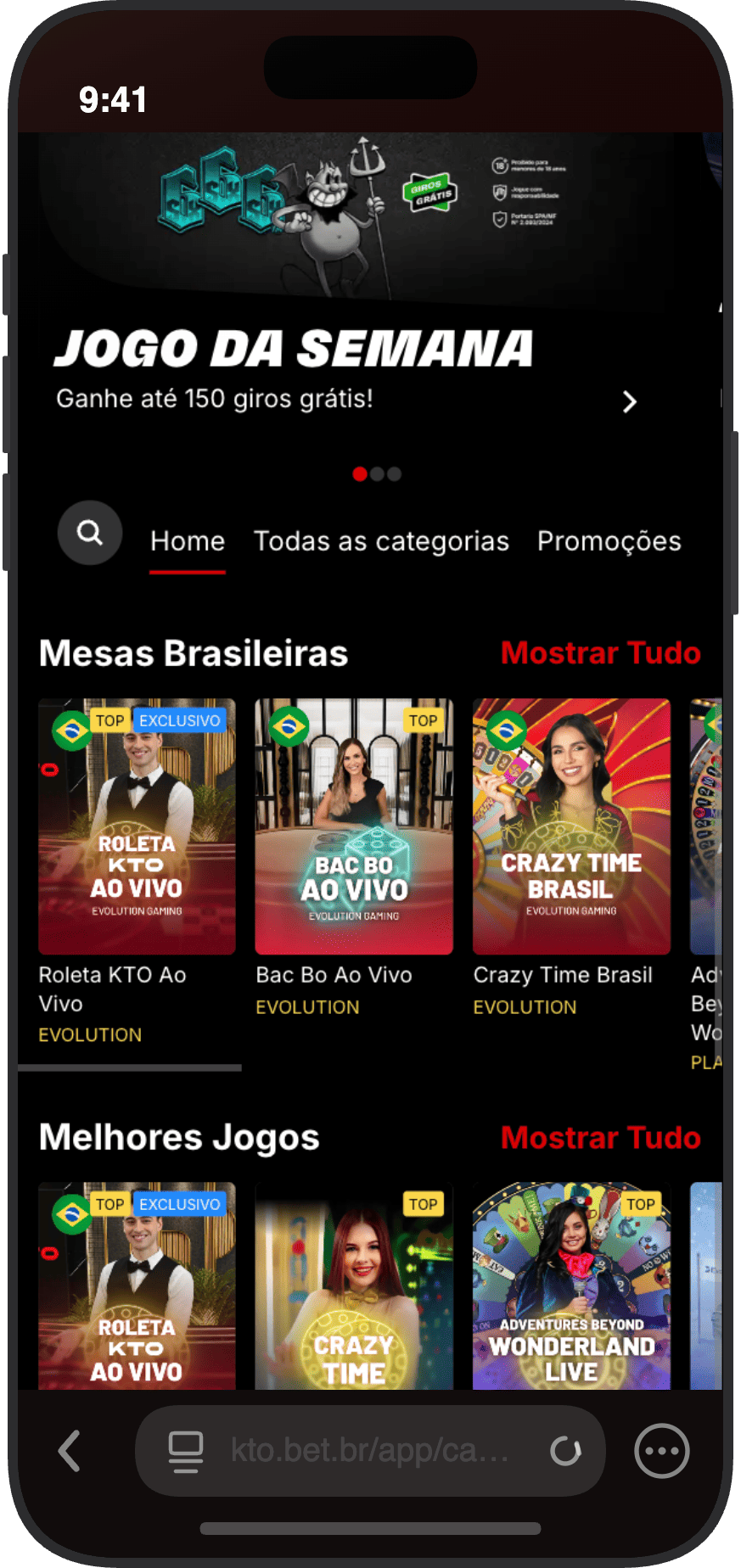 Cassino ao vivo do KTO com mesas brasileiras incluindo Roleta KTO exclusiva, Bac Bo e Crazy Time Brasil da Evolution