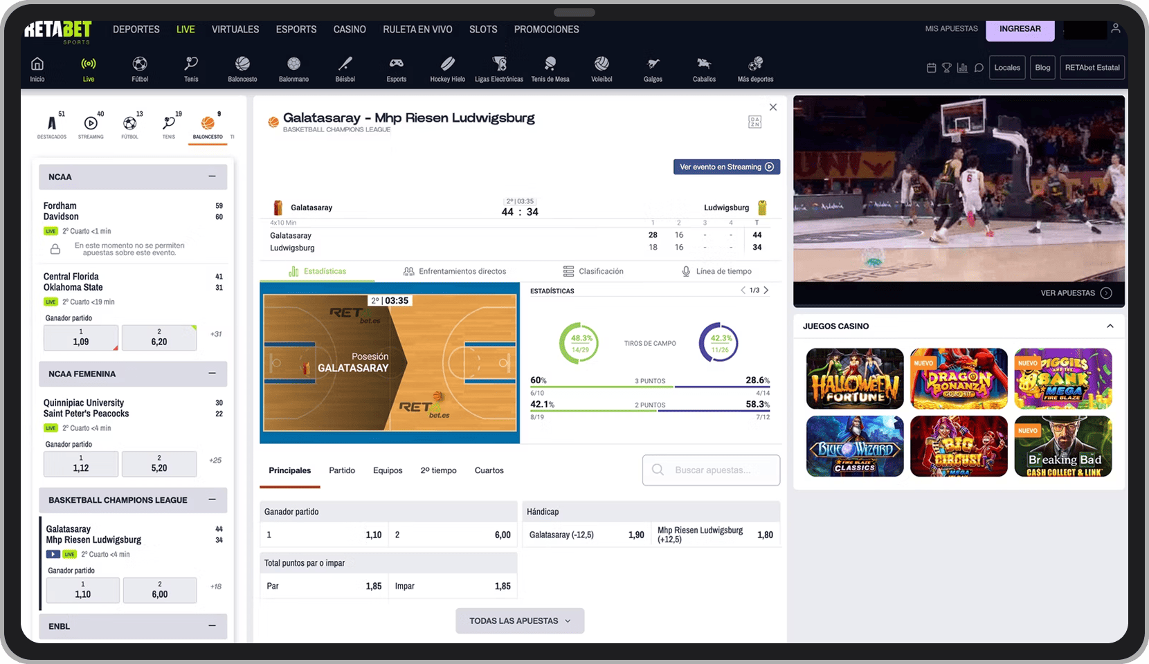 Streaming en directo en la página web de Retabet, parcialmente accesible para usuarios no registrados (esta opción solo está disponible en la versión para ordenador de la página web).