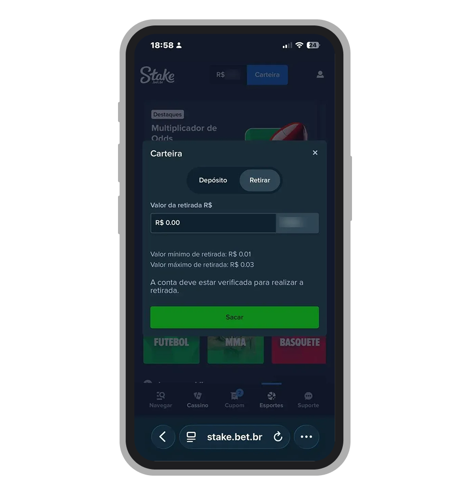 Tela de saque da Stake com valor mínimo de R$ 0,01 via Pix