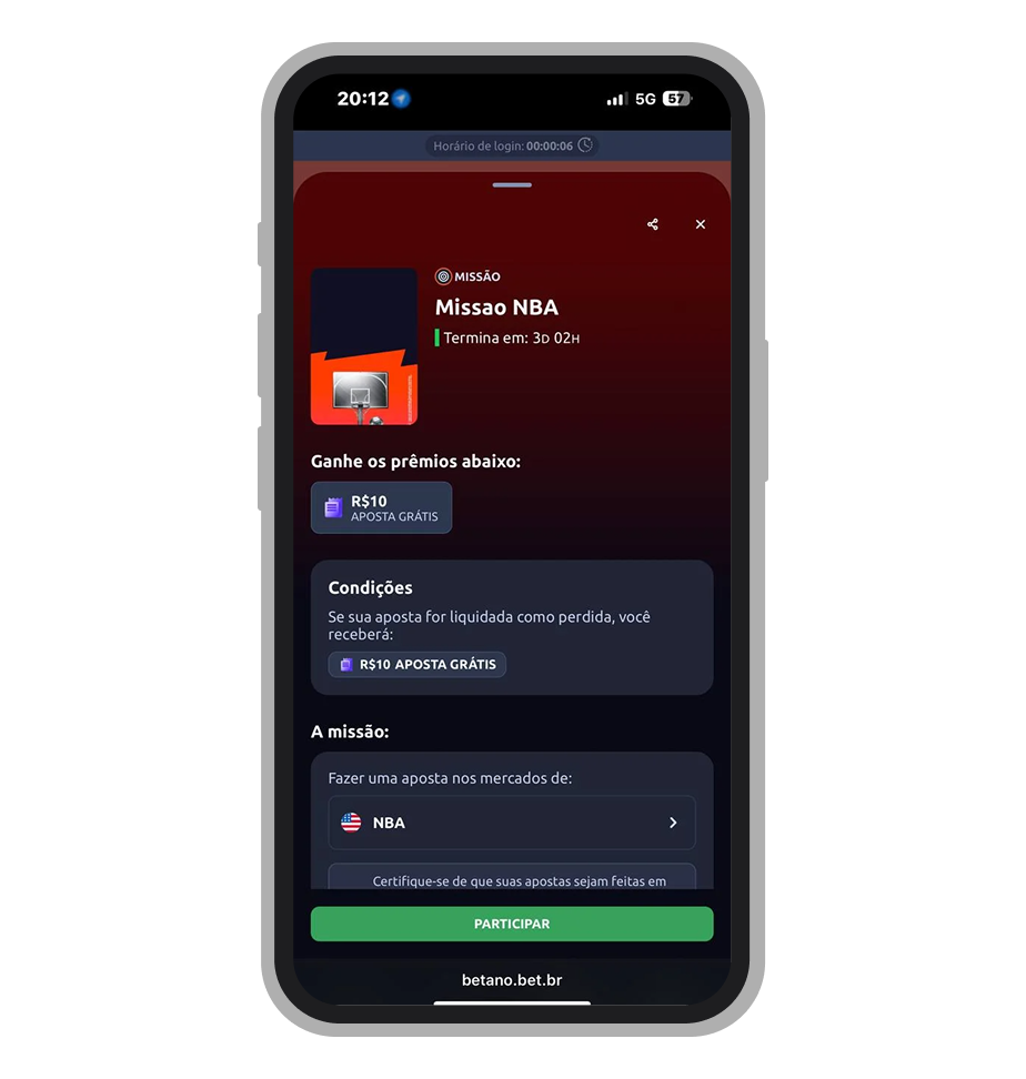 Missão NBA no site mobile da Betano