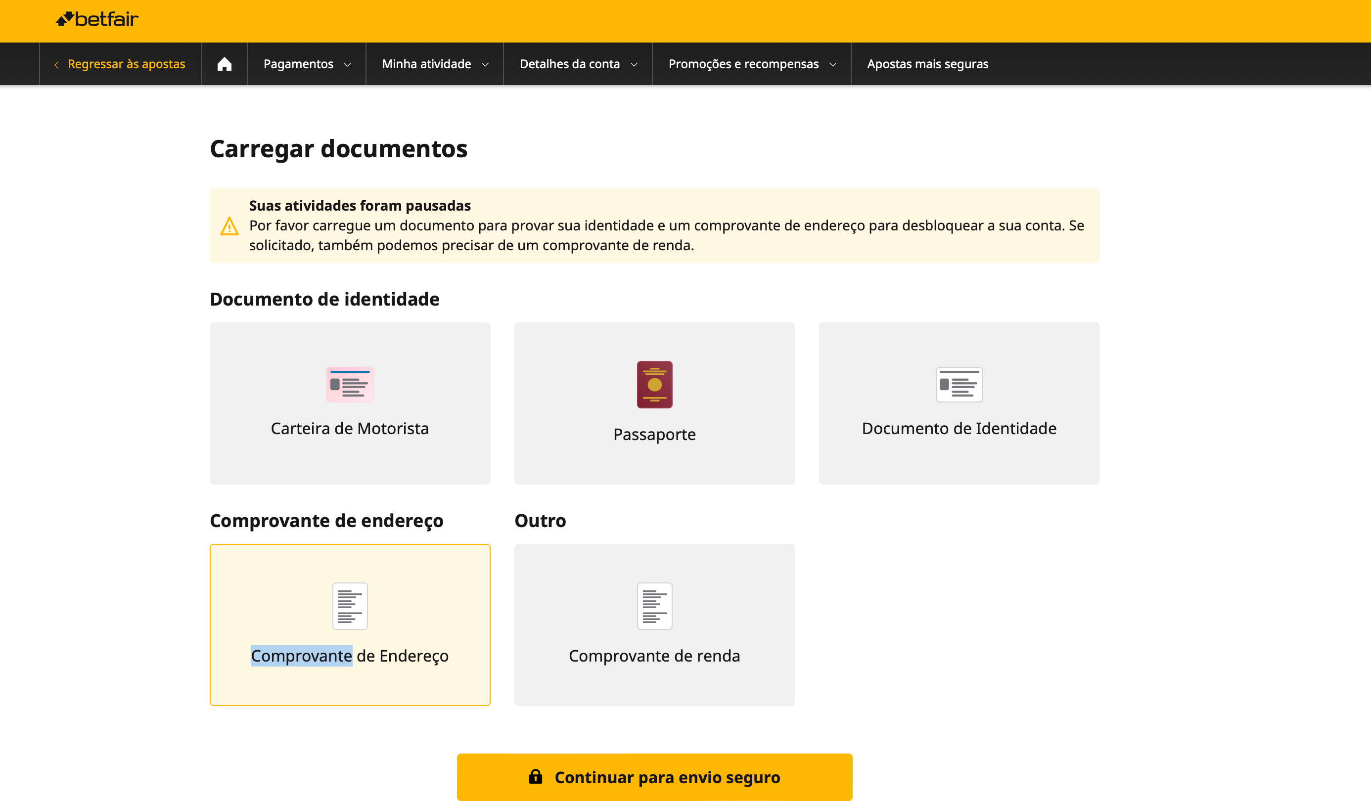 A página de verificação da conta