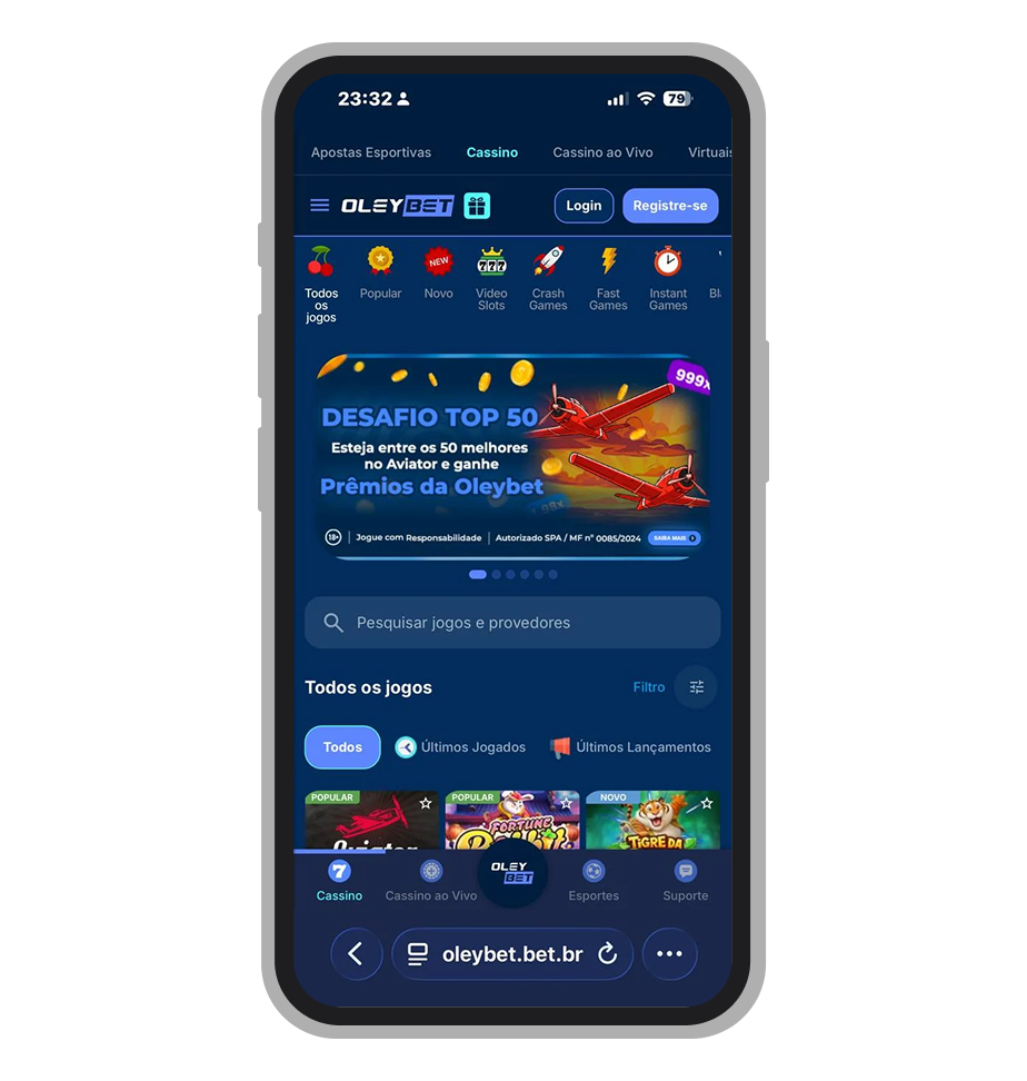 Lobby do cassino online da OleyBet com slots, jogos ao vivo e crash games