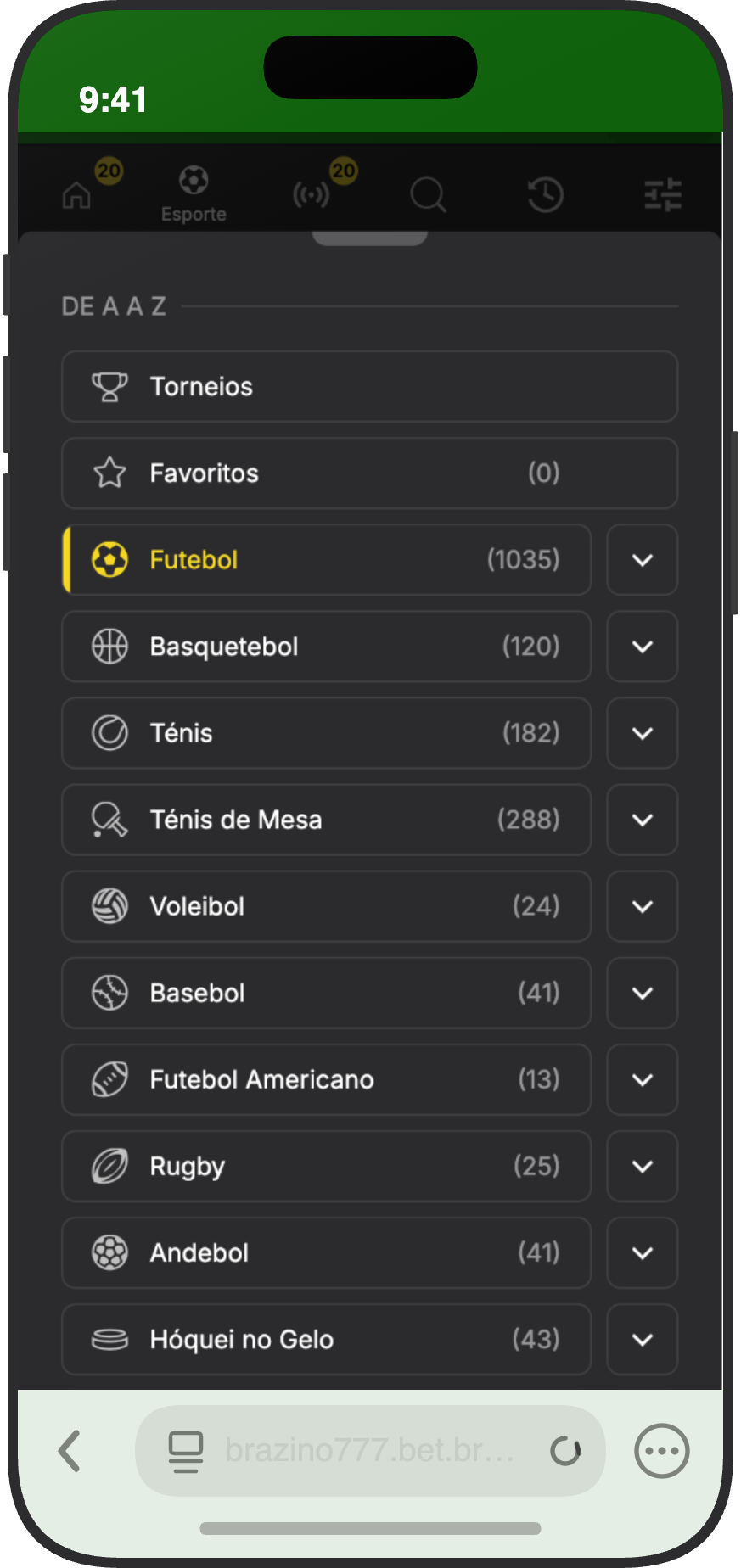 Lista de esportes disponíveis na Brazino777