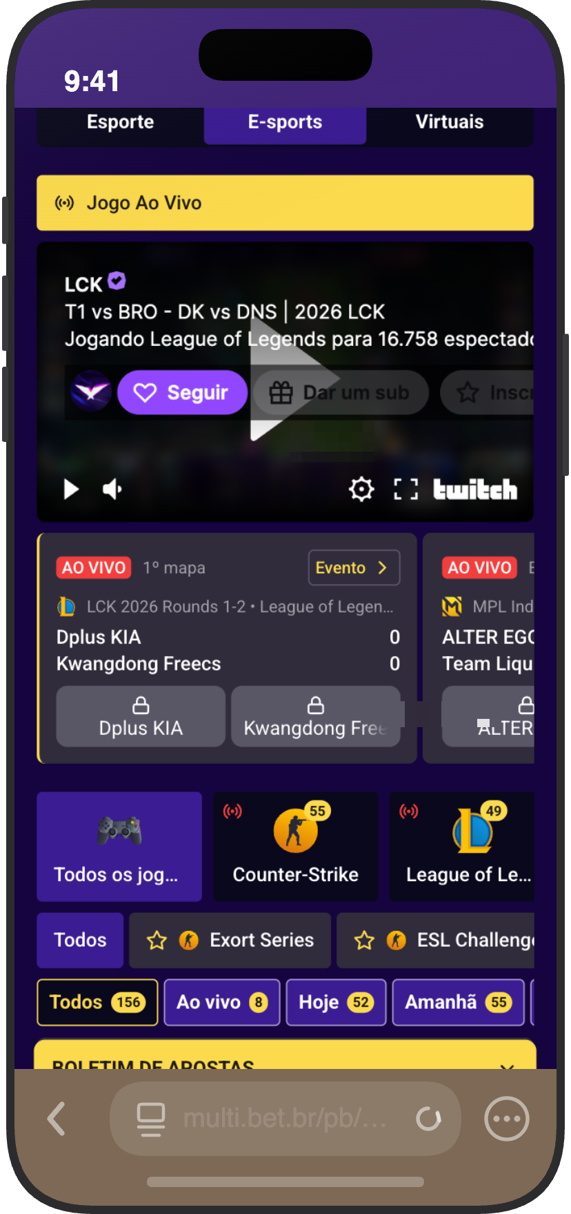 Transmissão ao vivo de League of Legends via Twitch na seção de eSports da Multibet