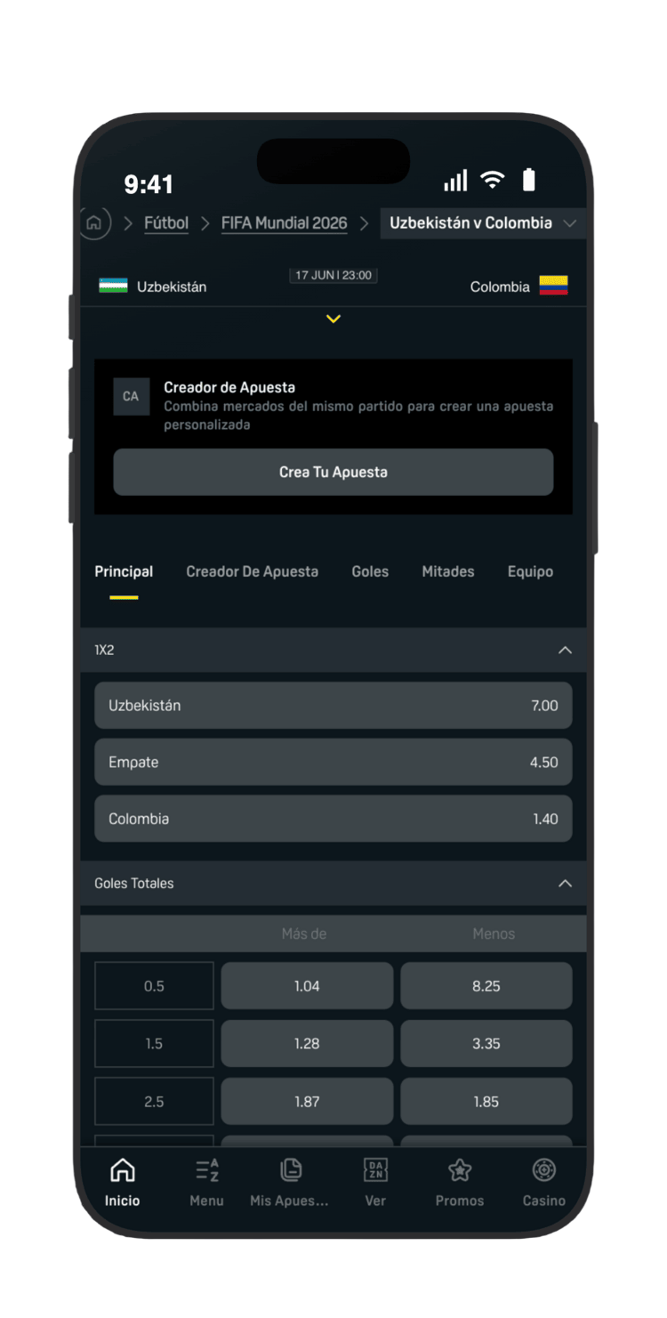 Pulsa en «Goles Totales» en DAZN Bet para ver las cuotas de más/menos goles en Uzbekistán vs Colombia