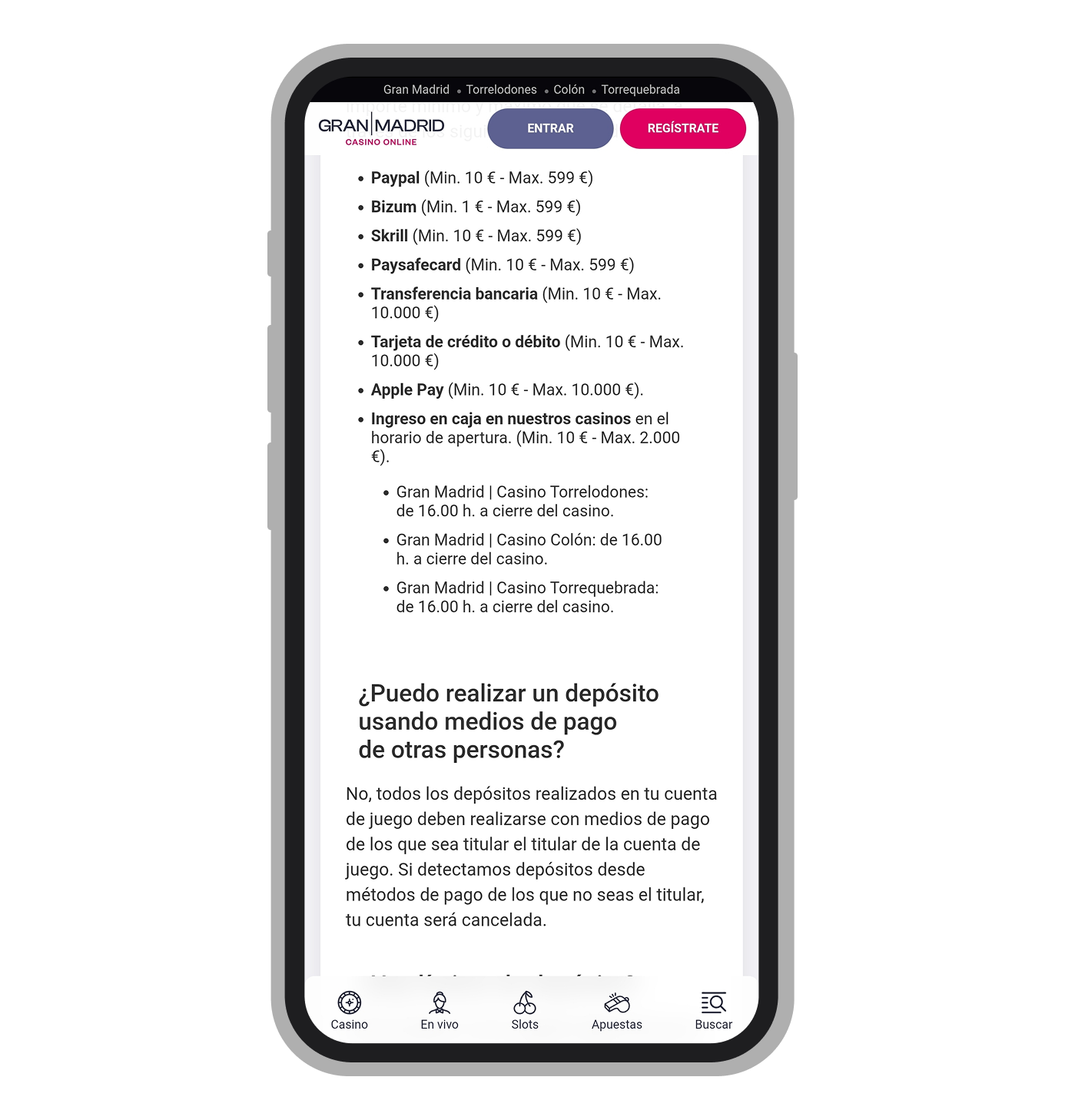 Métodos de pago en Gran Madrid | Casino Online