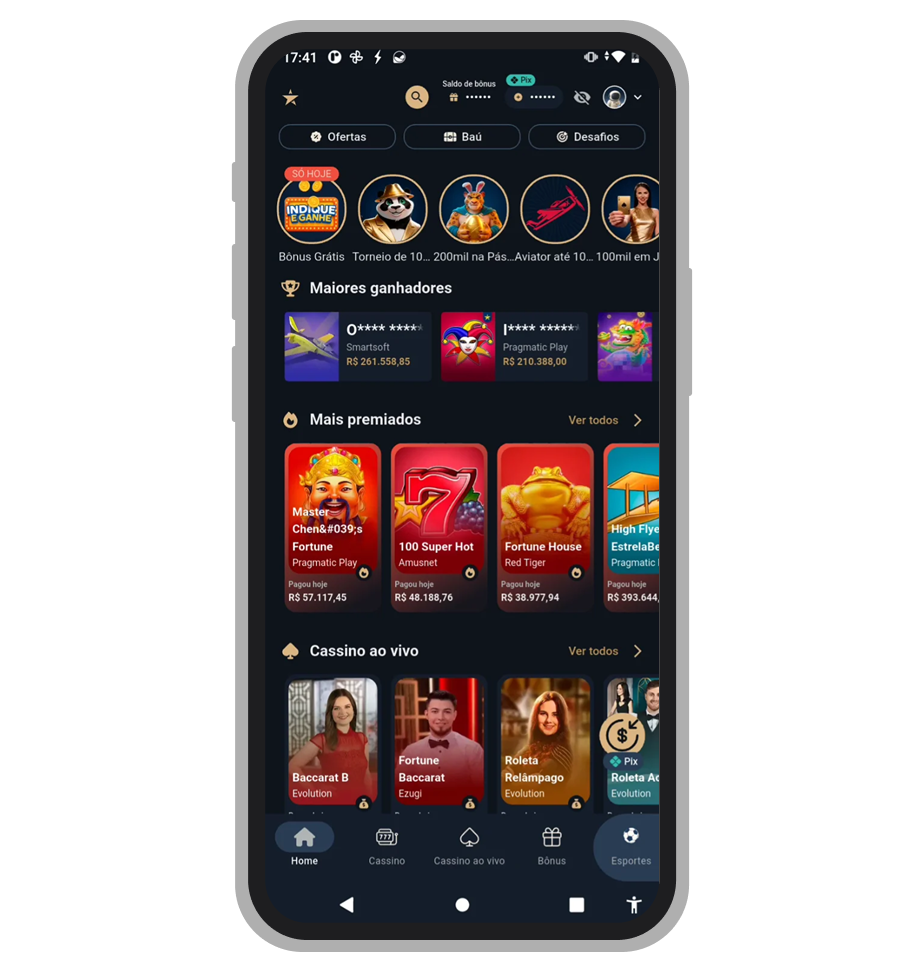 Seção de cassino no app Estrela Bet com slots e provedores de jogos