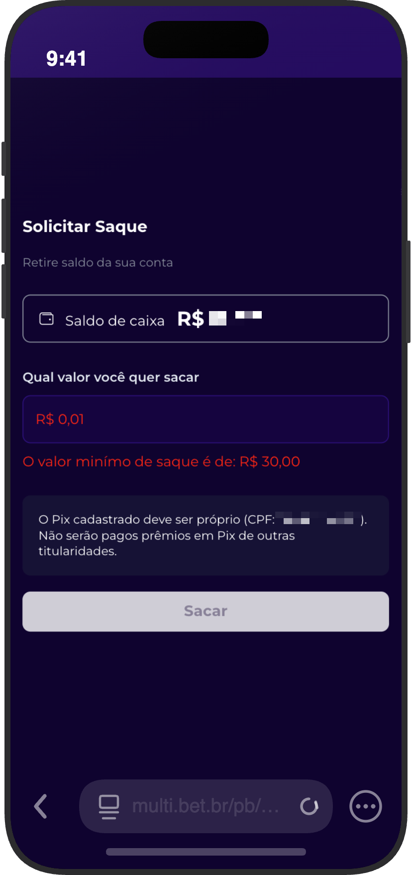 Tela de saque da Multibet no celular com mínimo de R$ 30