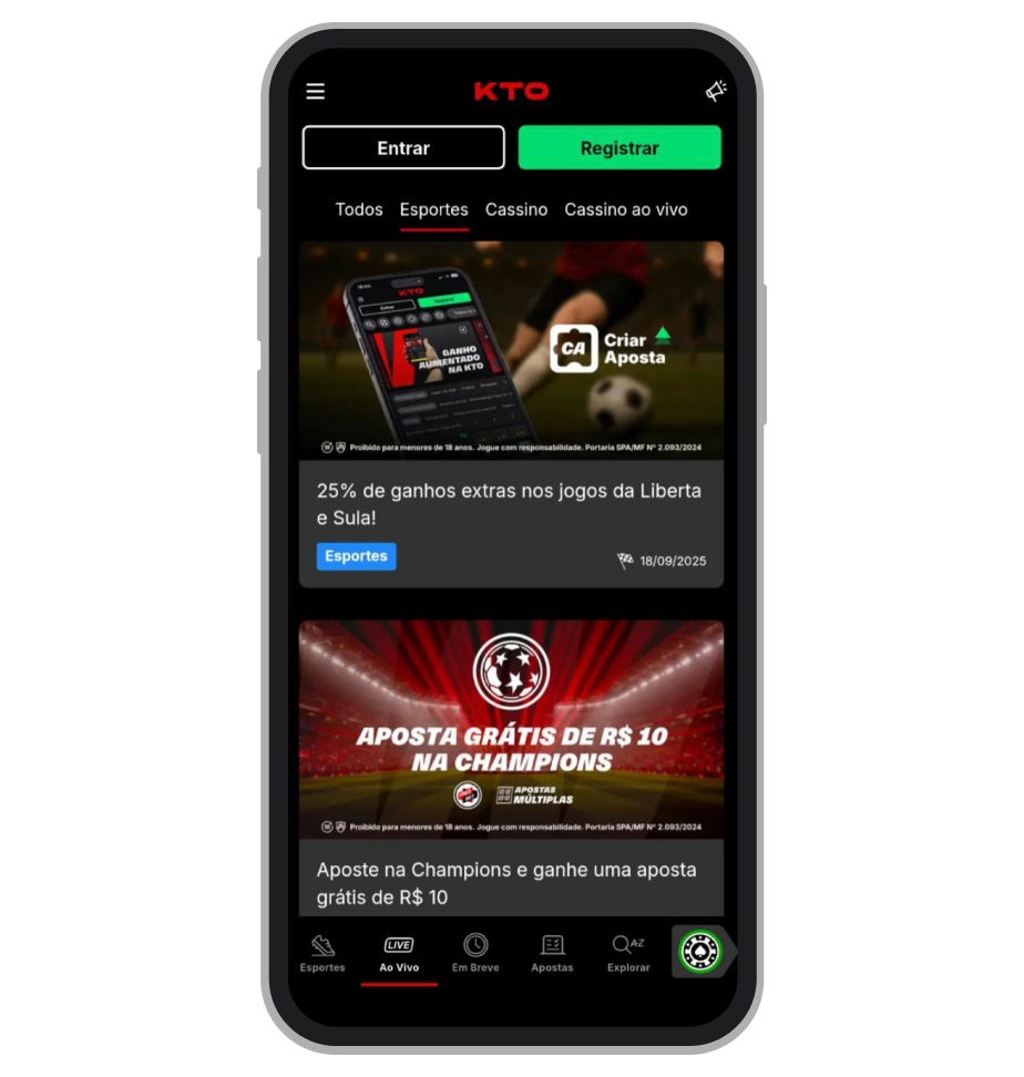 Promoções esportivas no app KTO