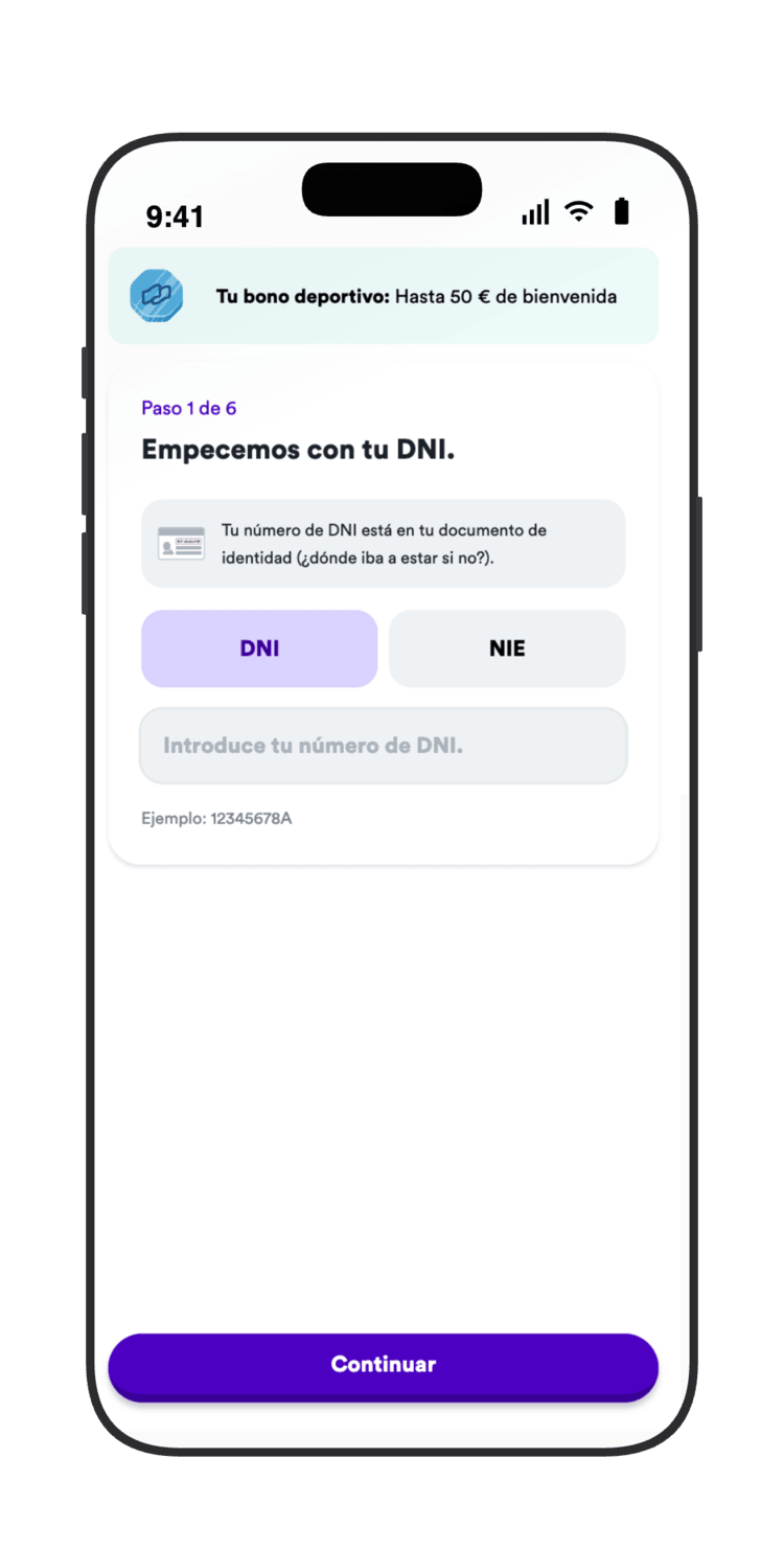 Proceso de registro en Casumo con verificación de DNI y bono de deportes seleccionado