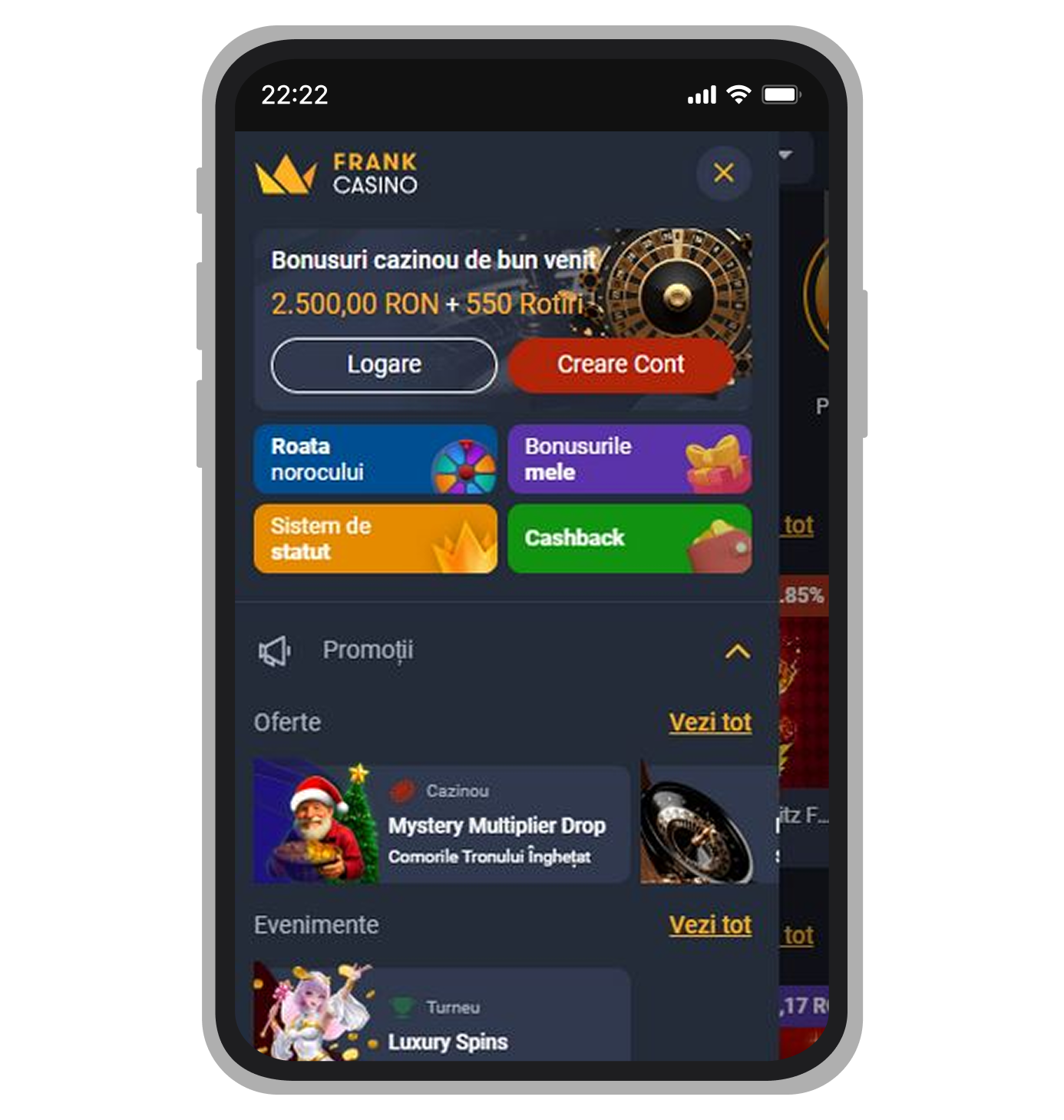 Butonul „Înregistrare” de la Frank Casino
